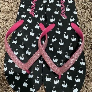 Black and Pink Flip Flops with Swan Print